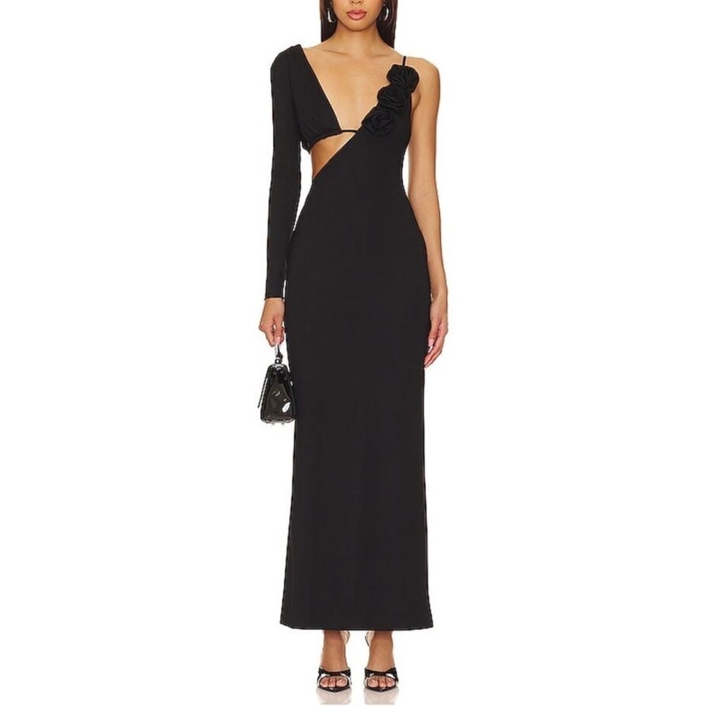Camila Coelho Black One-Shoulder Maxi Dress with Rosette Detail